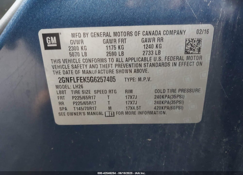 2016 CHEVROLET EQUINOX VIN: 2GNFLFEK5G6257405