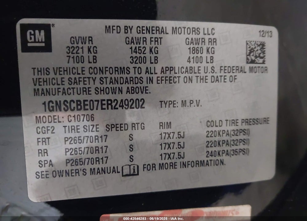 2014 CHEVROLET TAHOE VIN: 1GNSCBE07ER249202