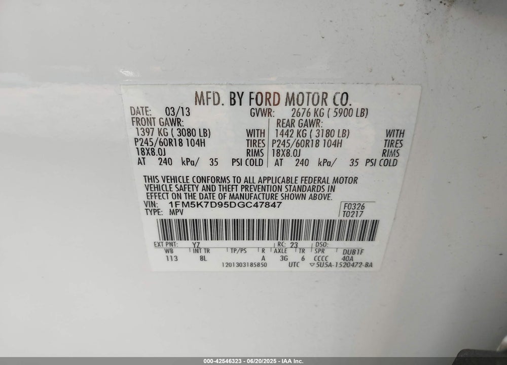 2013 FORD EXPLORER XLT VIN: 1FM5K7D95DGC47847