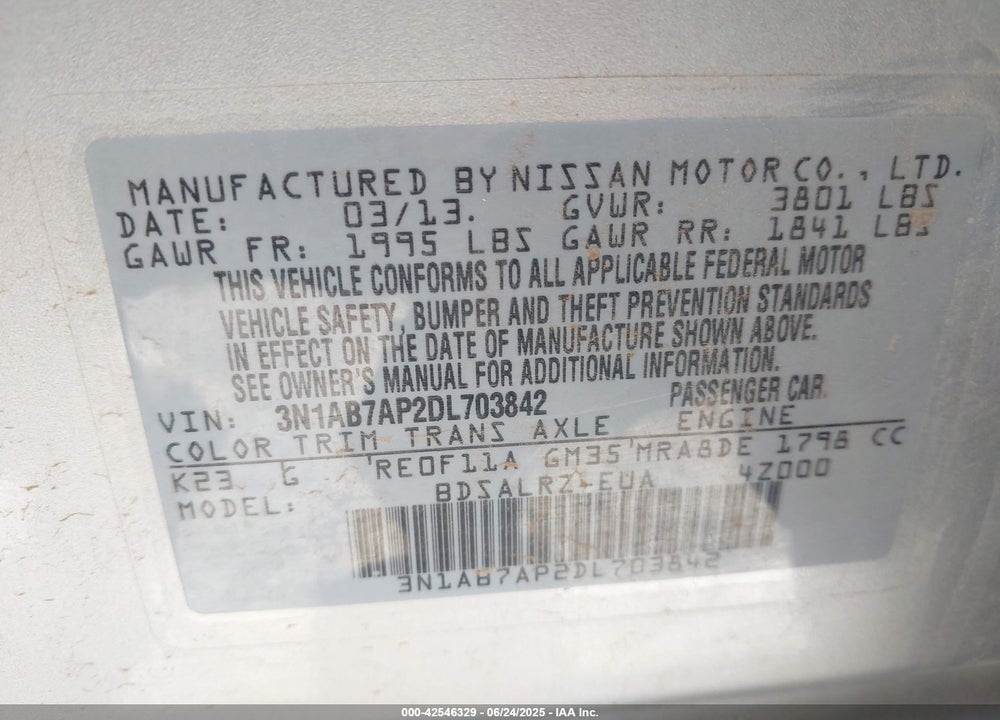 2013 NISSAN SENTRA VIN: 3N1AB7AP2DL703842