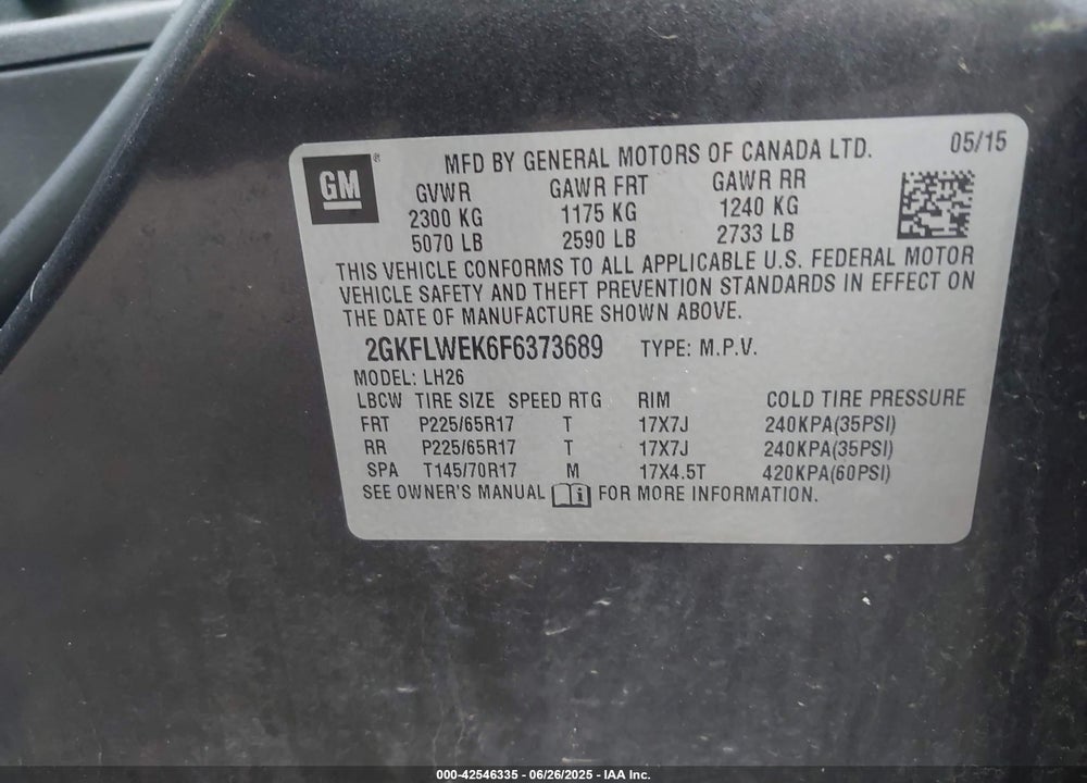 2015 GMC TERRAIN SLE-2 VIN: 2GKFLWEK6F6373689