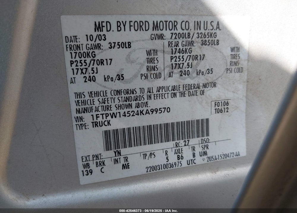 2004 FORD F-150 FX4/LARIAT/XLT VIN: 1FTPW14524KA99570