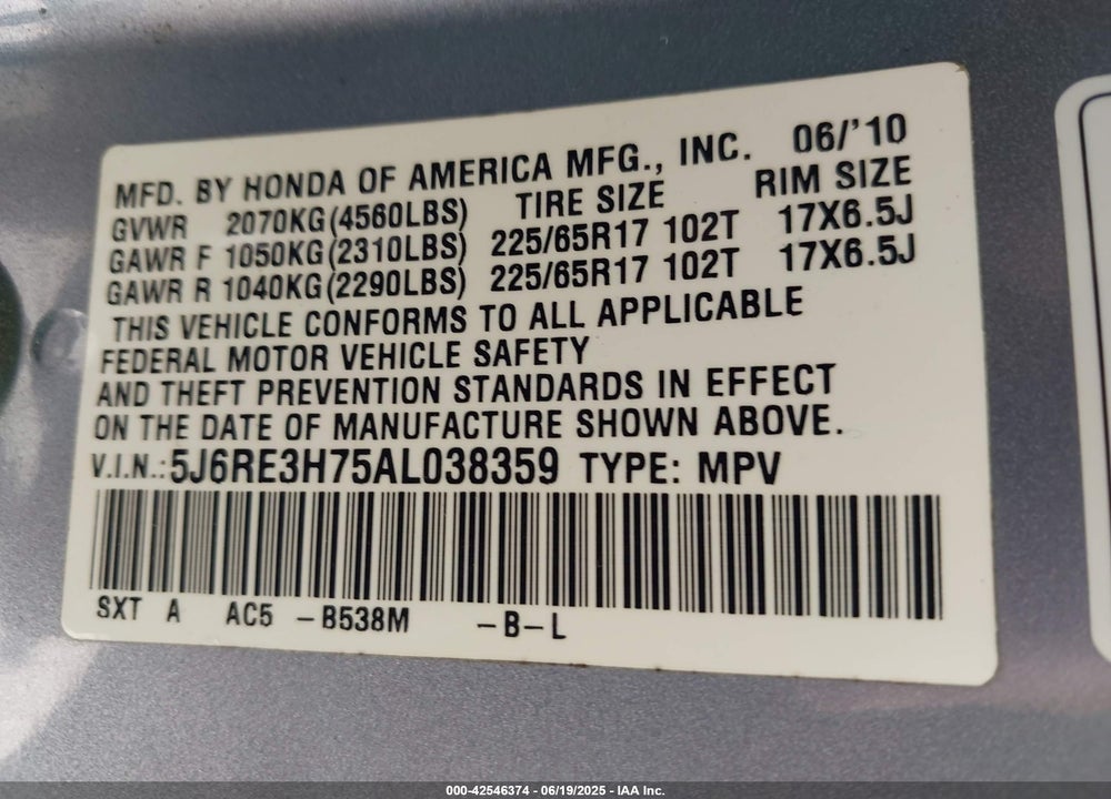 2010 HONDA CR-V VIN: 5J6RE3H75AL038359
