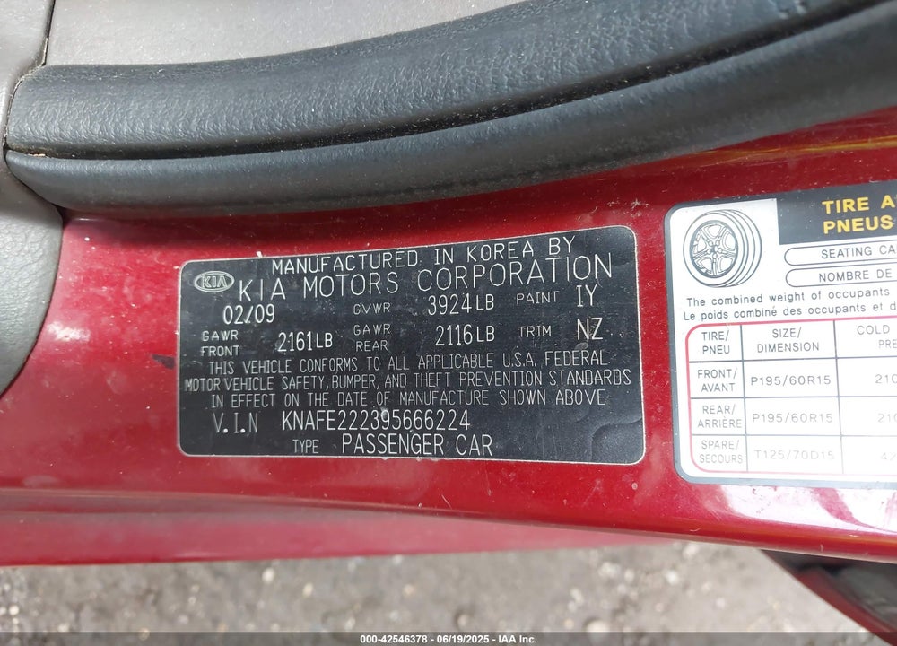 2009 KIA SPECTRA EX VIN: KNAFE222395666224