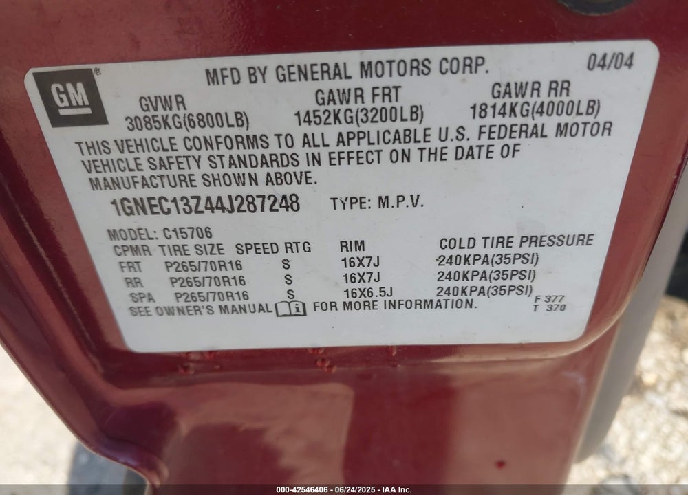 2004 CHEVROLET TAHOE LS VIN: 1GNEC13Z44J287248