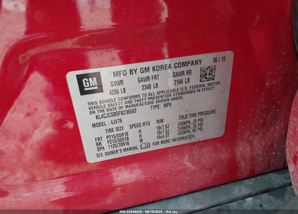 2015 BUICK ENCORE VIN: KL4CJCSB5FB236502