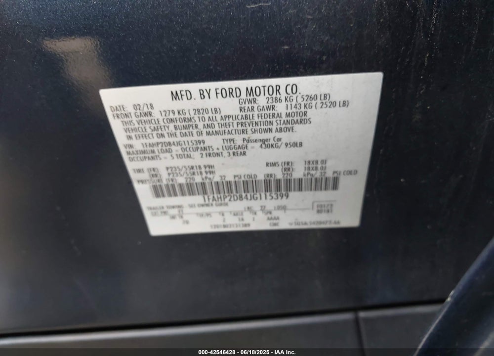 2018 FORD TAURUS VIN: 1FAHP2D84JG115399