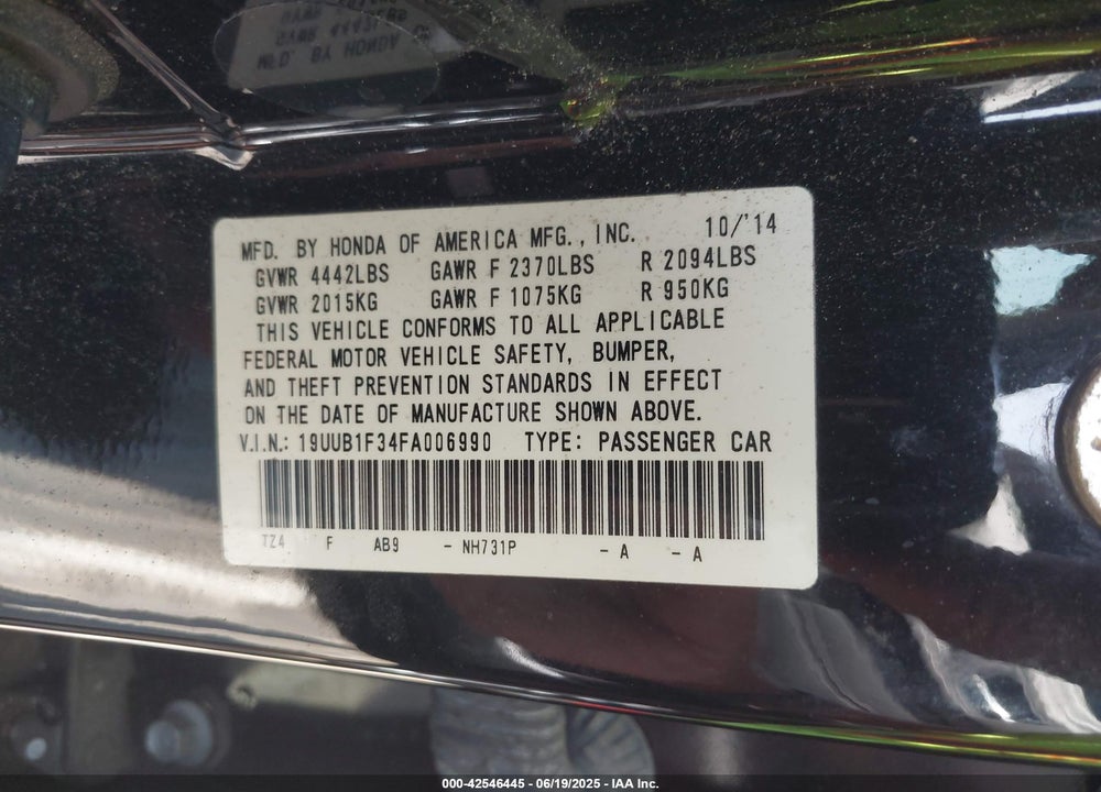 2015 ACURA TLX VIN: 19UUB1F34FA006990