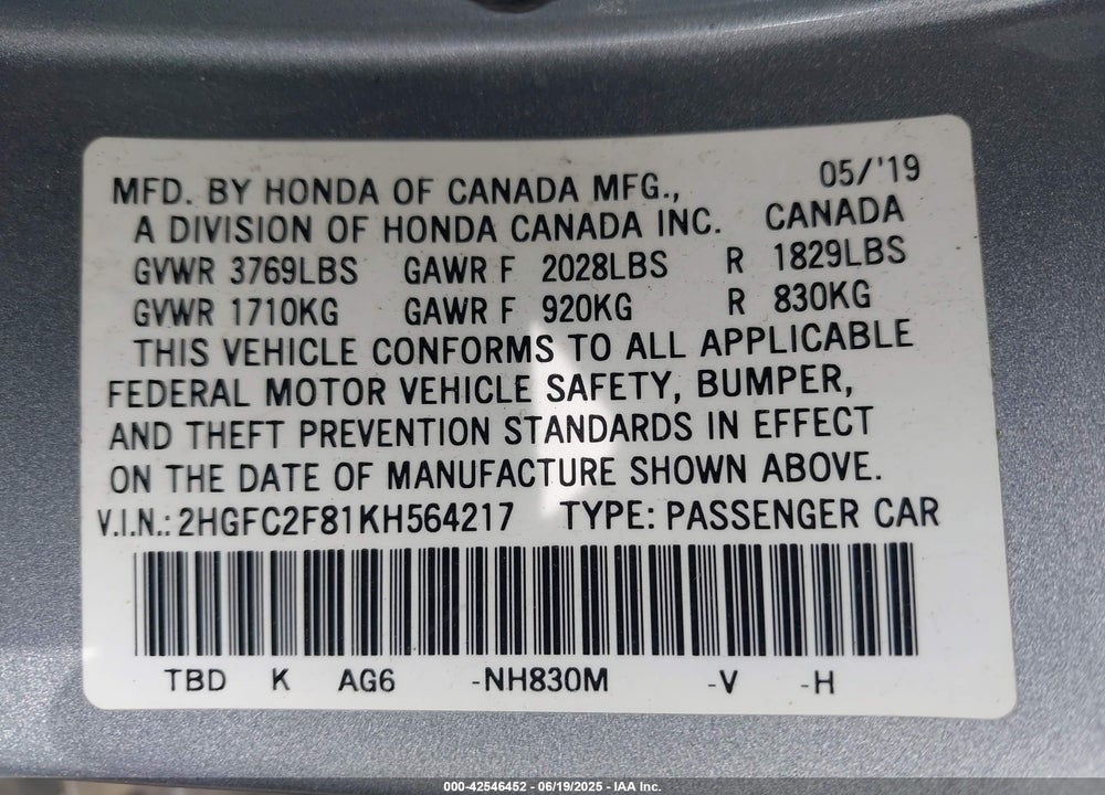 2019 HONDA CIVIC VIN: 2HGFC2F81KH564217