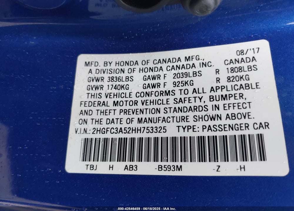 2017 HONDA CIVIC VIN: 2HGFC3A52HH753325