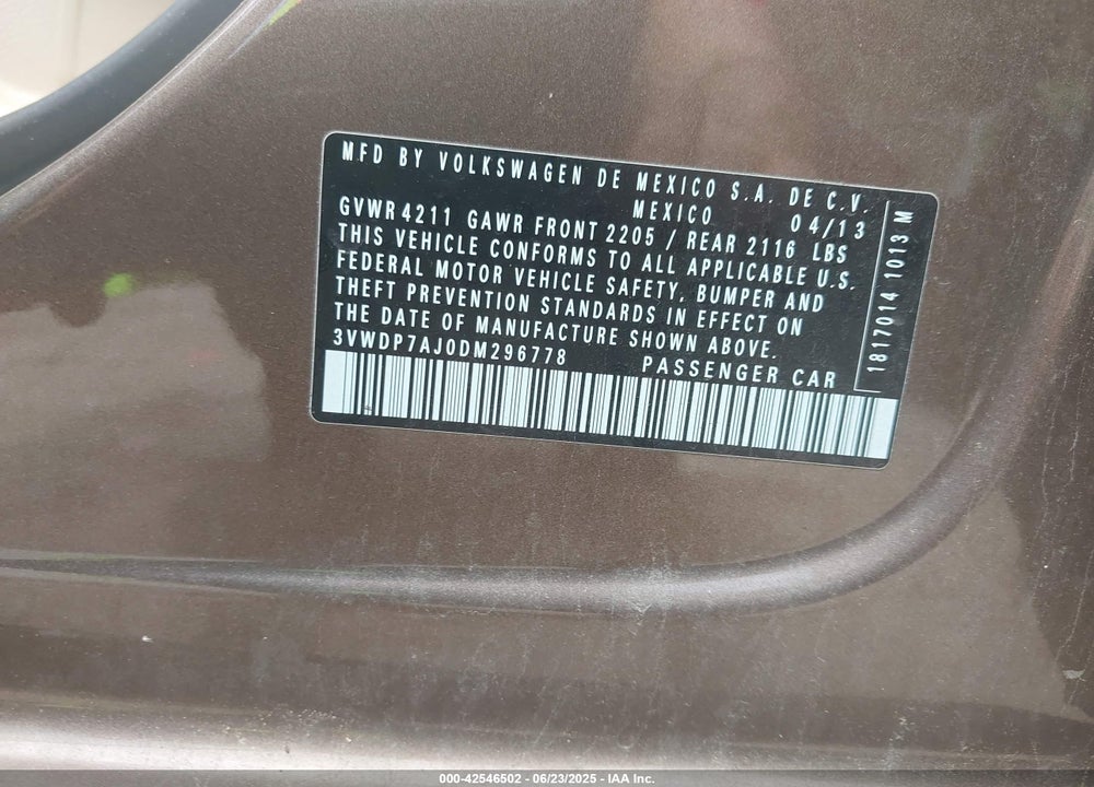 2013 VOLKSWAGEN JETTA VIN: 3VWDP7AJ0DM296778