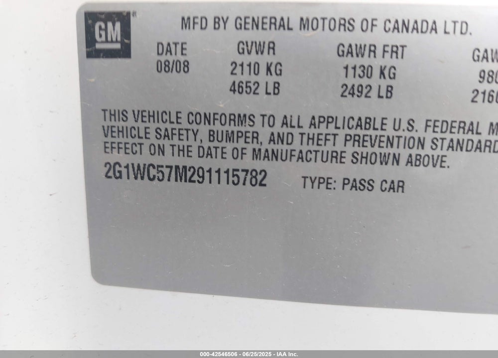 2009 CHEVROLET IMPALA VIN: 2G1WC57M291115782