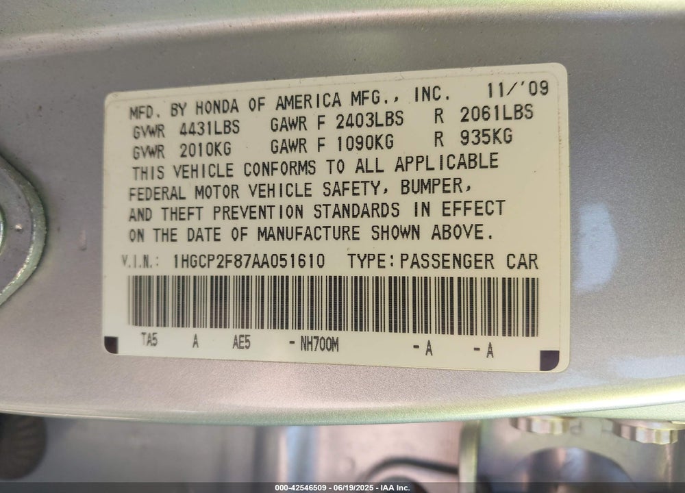 2010 HONDA ACCORD VIN: 1HGCP2F87AA051610