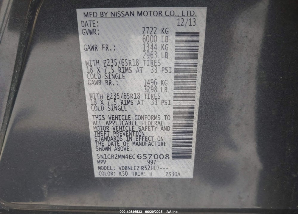 2014 NISSAN PATHFINDER HYBRID VIN: 5N1CR2MM4EC657008