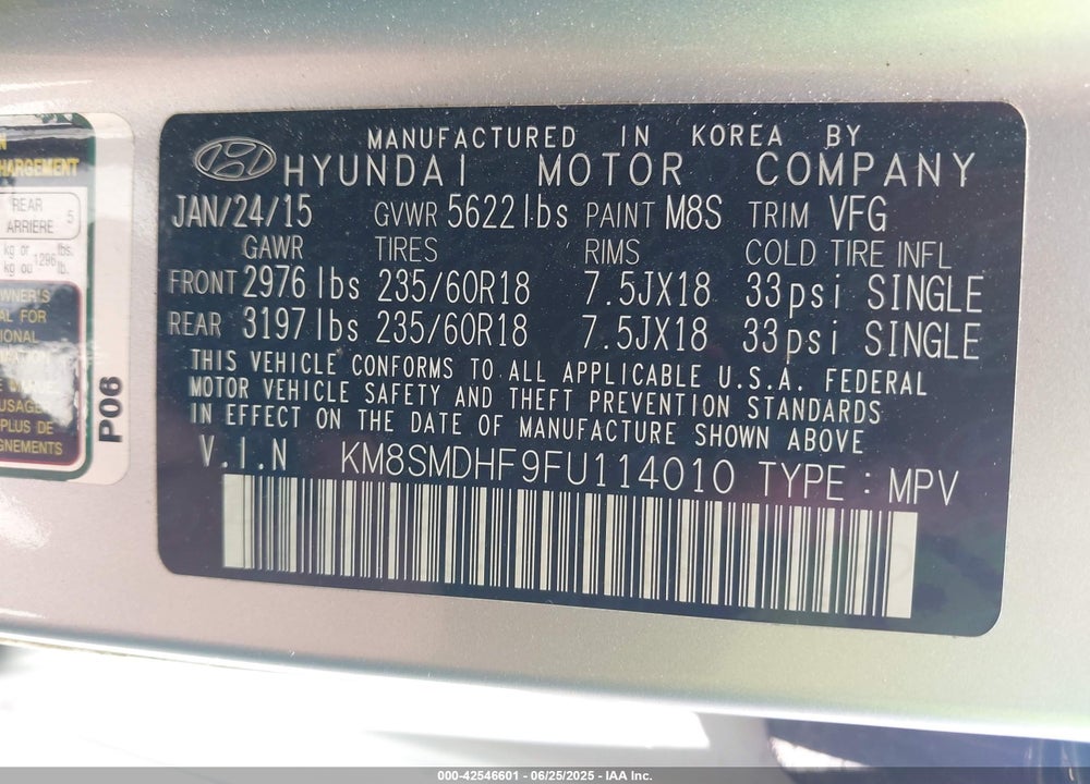 2015 HYUNDAI SANTA FE VIN: KM8SMDHF9FU114010