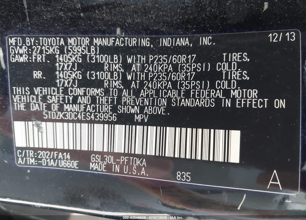 2014 TOYOTA SIENNA L V6 7 PASSENGER VIN: 5TDZK3DC4ES439956
