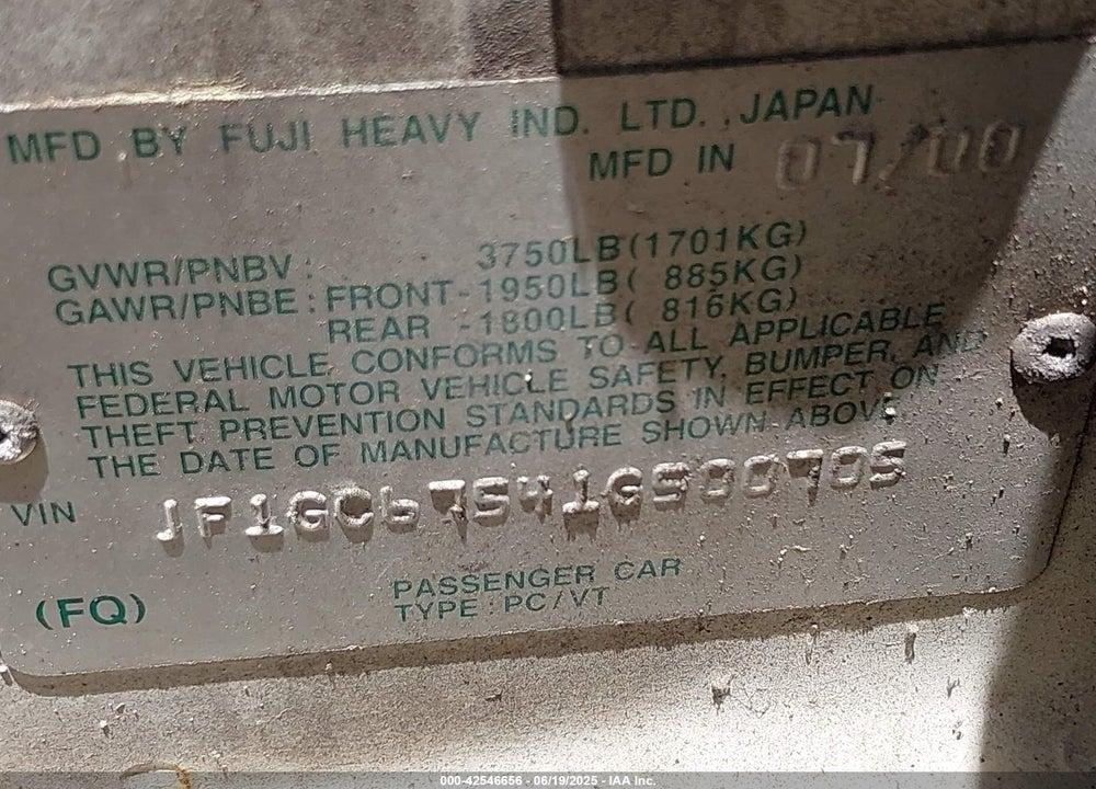 2001 SUBARU IMPREZA 2.5RS VIN: JF1GC67541G500705