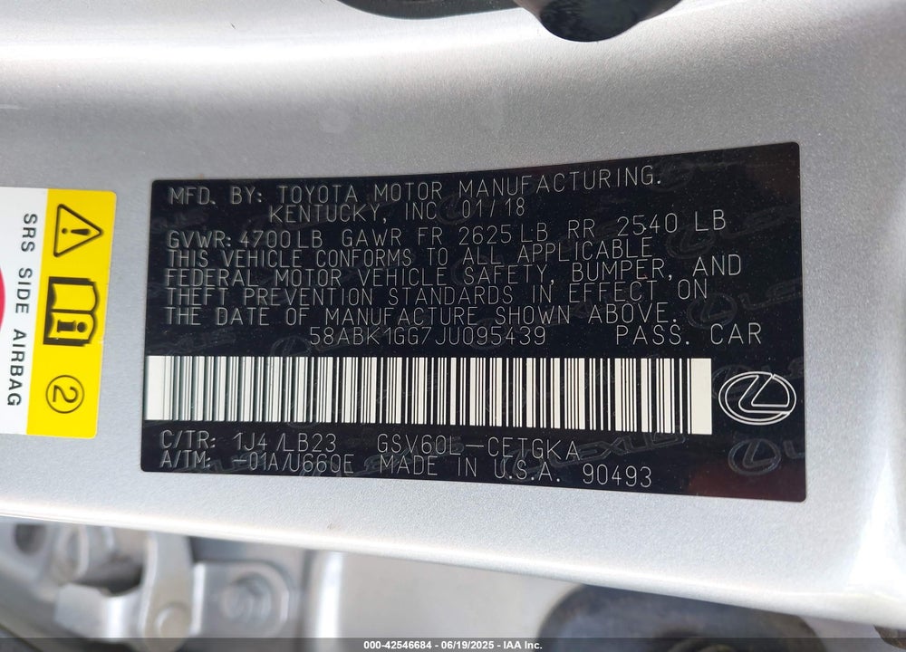 2018 LEXUS ES350 VIN: 58ABK1GG7JU095439