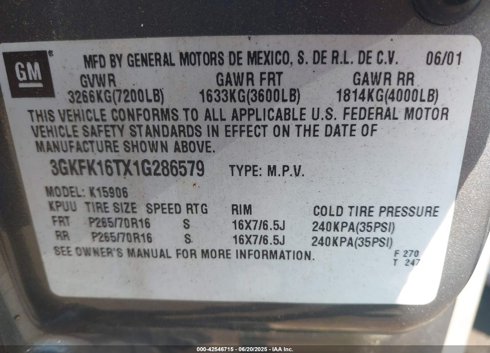 2001 GMC YUKON XL 1500 SLT VIN: 3GKFK16TX1G286579