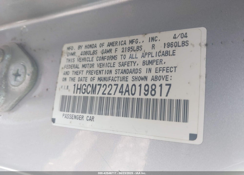 2004 HONDA ACCORD 2.4 LX VIN: 1HGCM72274A019817