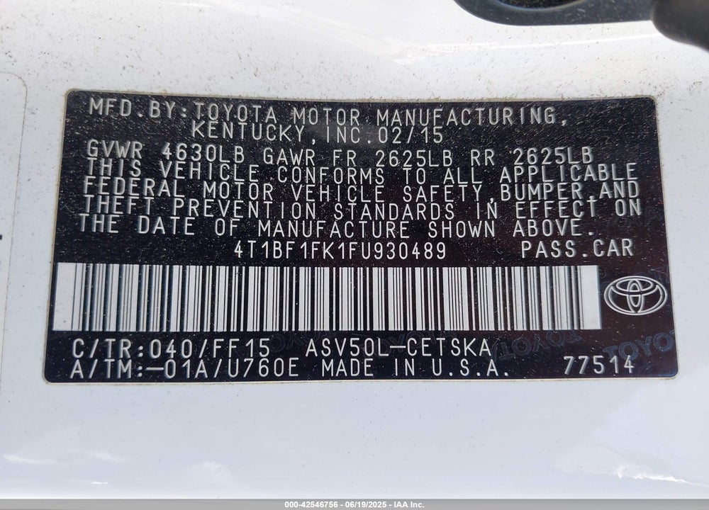 2015 TOYOTA CAMRY SE VIN: 4T1BF1FK1FU930489
