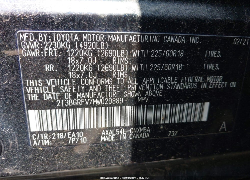 2021 TOYOTA RAV4 HYBRID VIN: 2T3B6RFV7MW020889