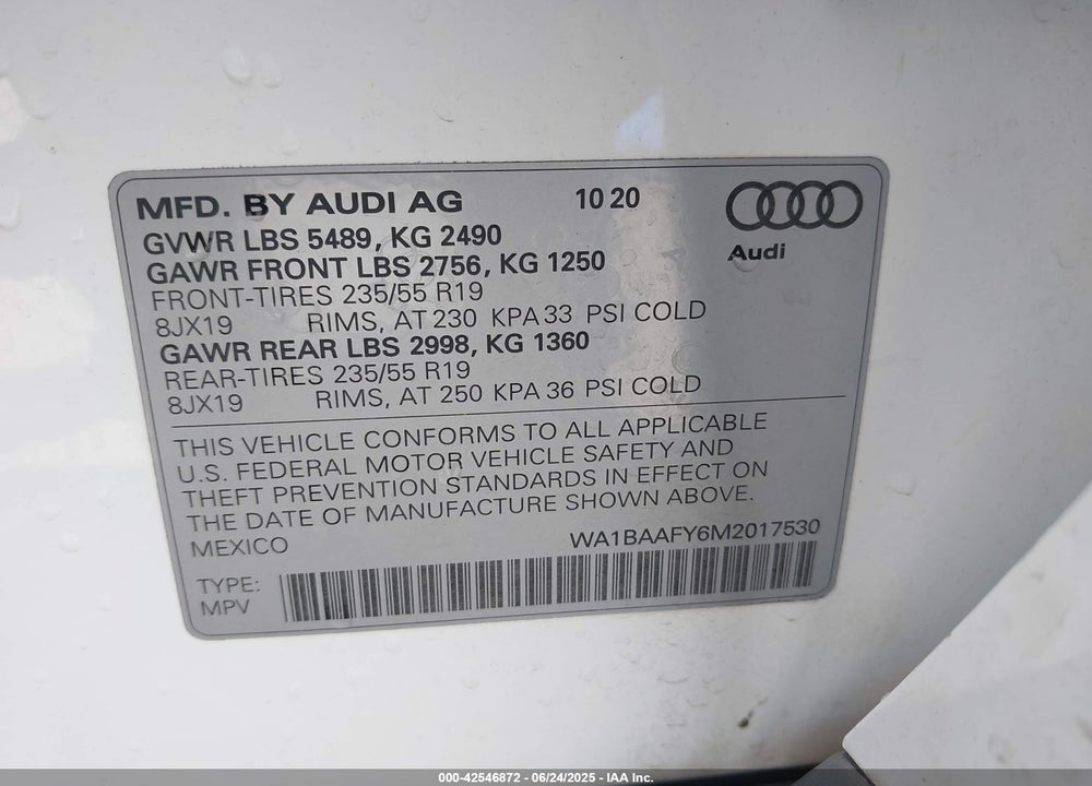2021 AUDI Q5 VIN: WA1BAAFY6M2017530