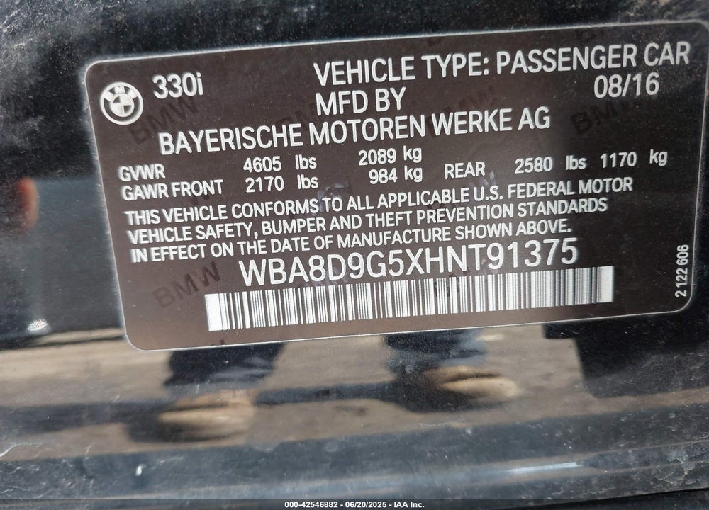 2017 BMW 330I VIN: WBA8D9G5XHNT91375