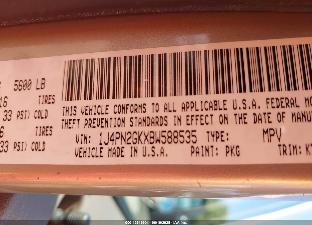 2011 JEEP LIBERTY SPORT VIN: 1J4PN2GKXBW588535