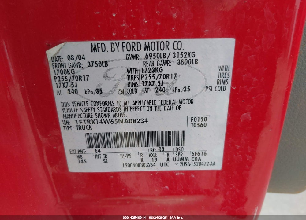 2005 FORD F-150 STX/XL/XLT VIN: 1FTRX14W65NA08234