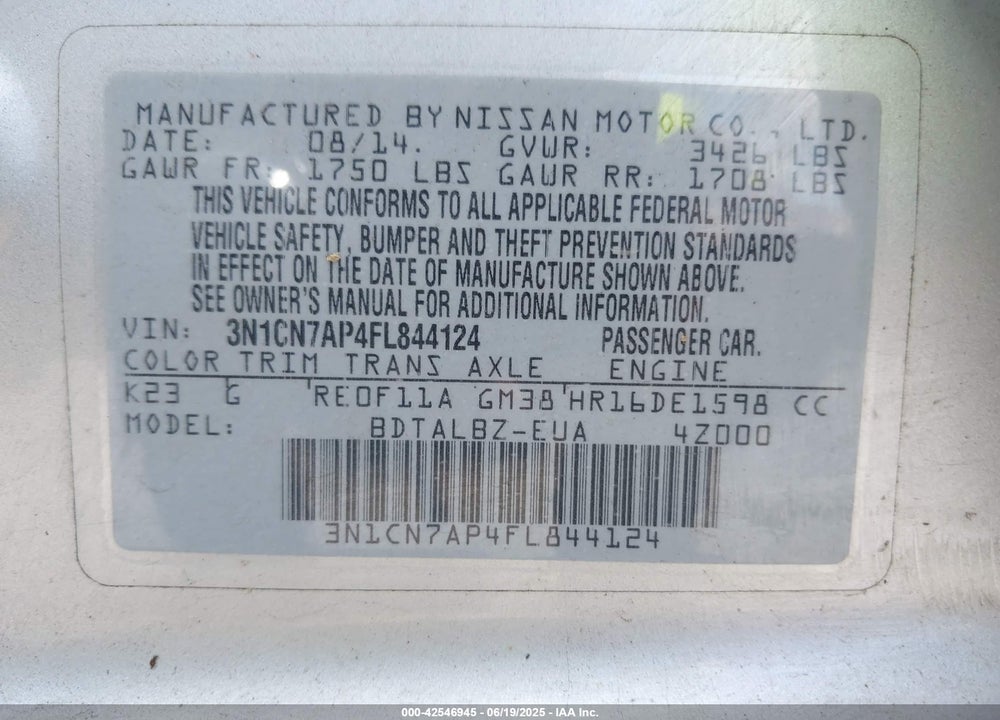 2015 NISSAN VERSA VIN: 3N1CN7AP4FL844124