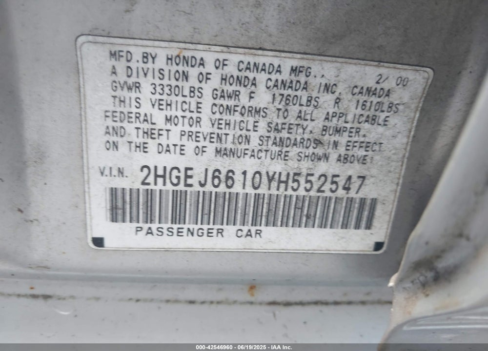 2000 HONDA CIVIC VALUE PACKAGE VIN: 2HGEJ6610YH552547