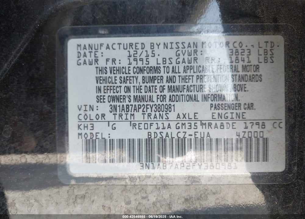 2015 NISSAN SENTRA VIN: 3N1AB7AP2FY380981