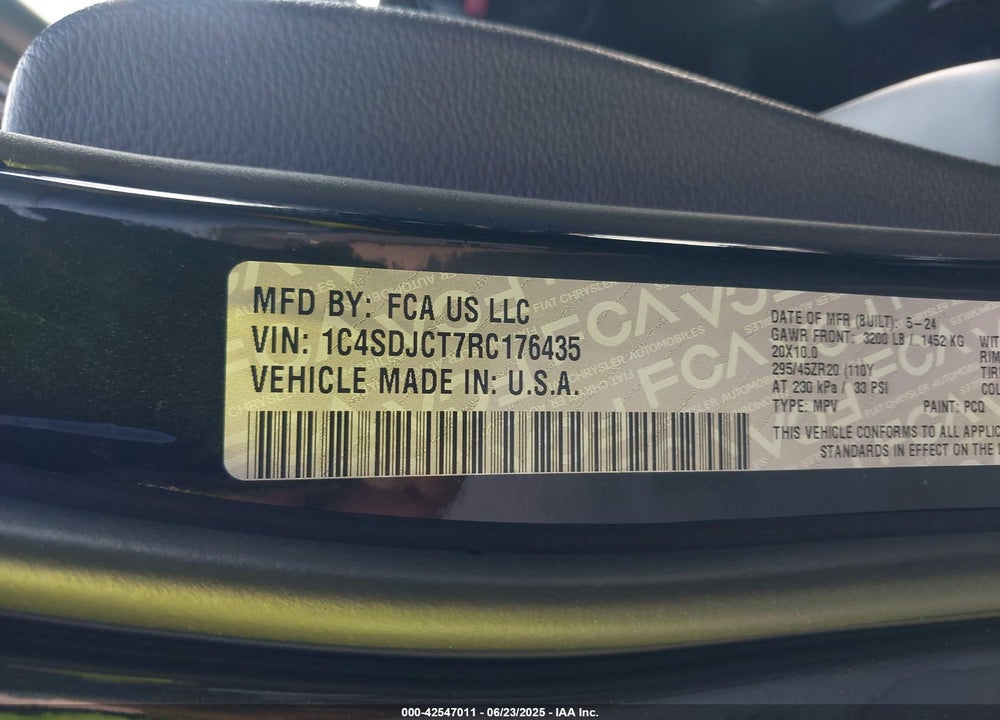 2024 DODGE DURANGO VIN: 1C4SDJCT7RC176435