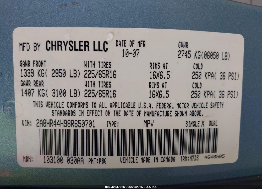 2008 CHRYSLER TOWN & COUNTRY VIN: 2A8HR44H98R650701