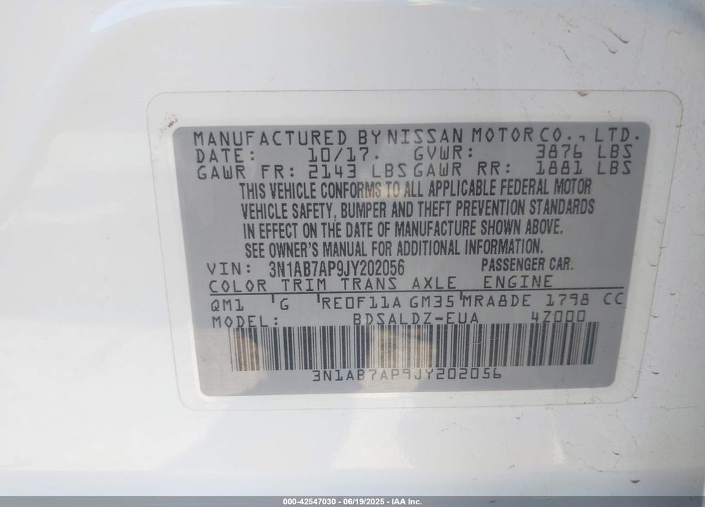 2018 NISSAN SENTRA VIN: 3N1AB7AP9JY202056