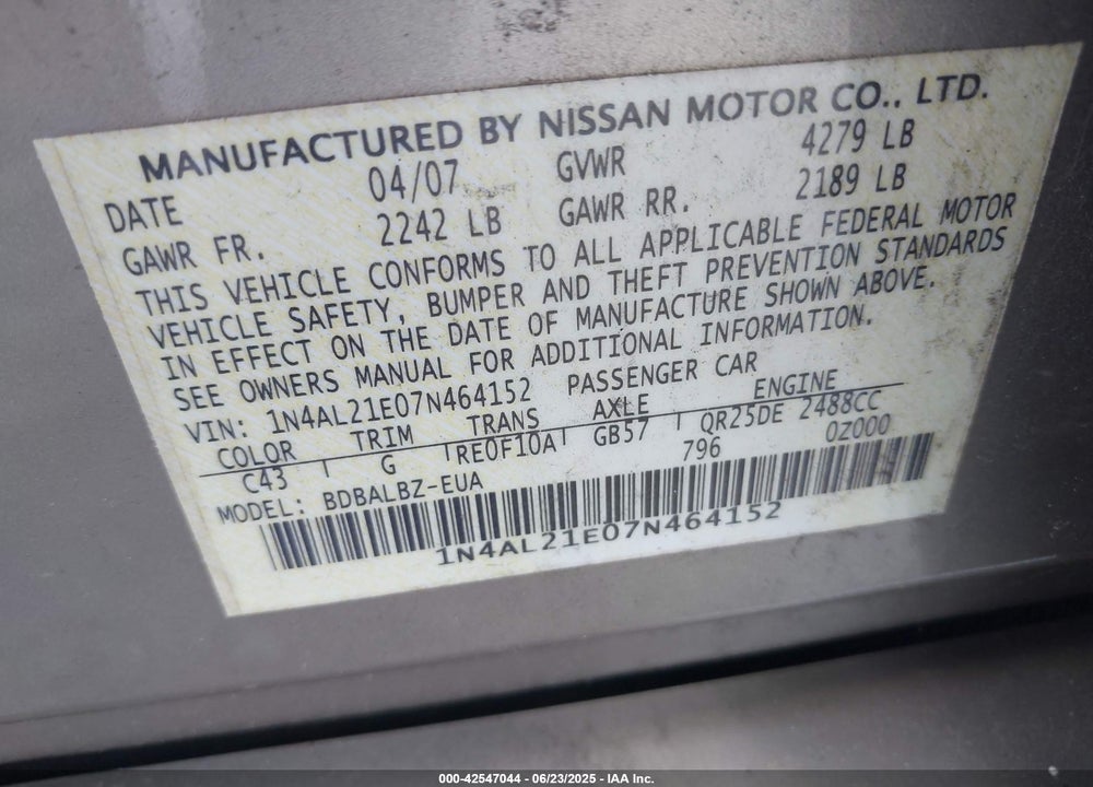 2007 NISSAN ALTIMA VIN: 1N4AL21E07N464152