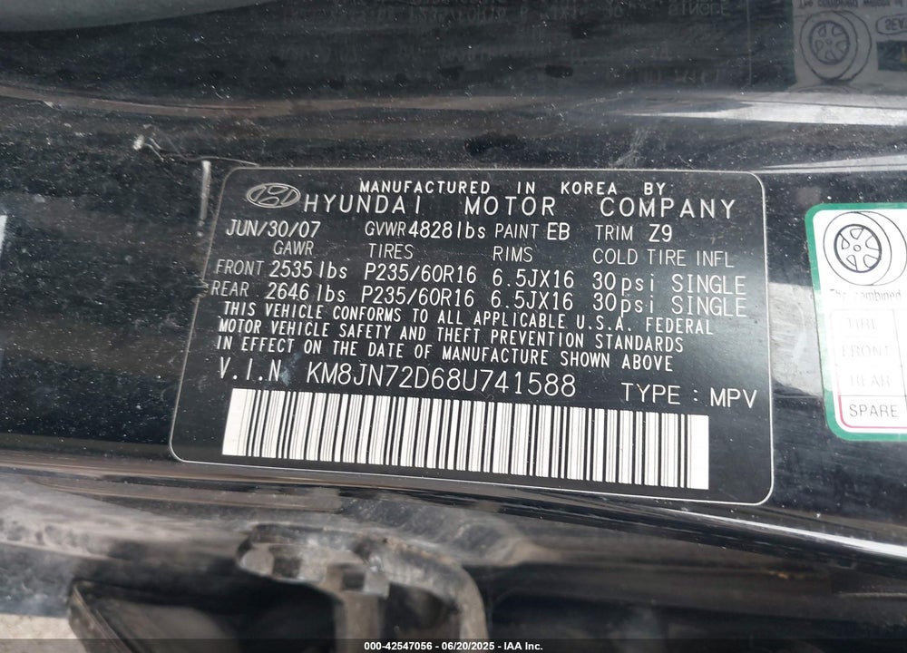 2008 HYUNDAI TUCSON VIN: KM8JN72D68U741588