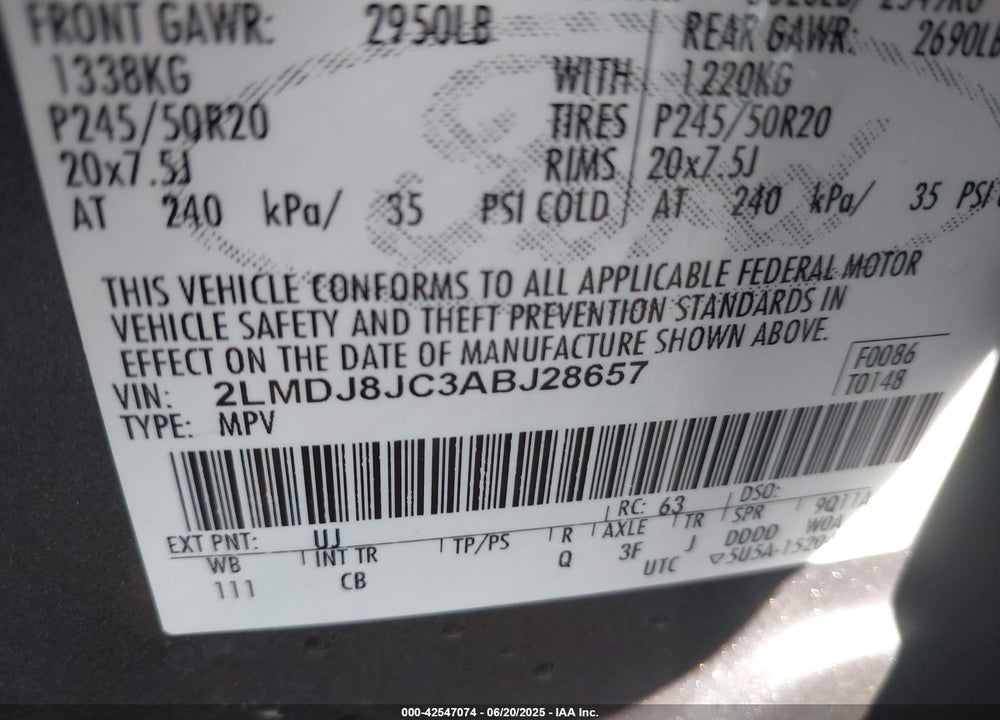 2010 LINCOLN MKX VIN: 2LMDJ8JC3ABJ28657
