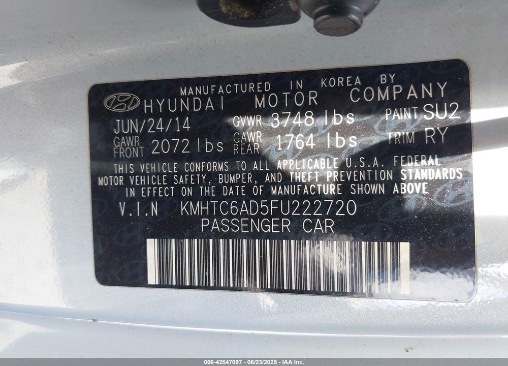 2015 HYUNDAI VELOSTER VIN: KMHTC6AD5FU222720