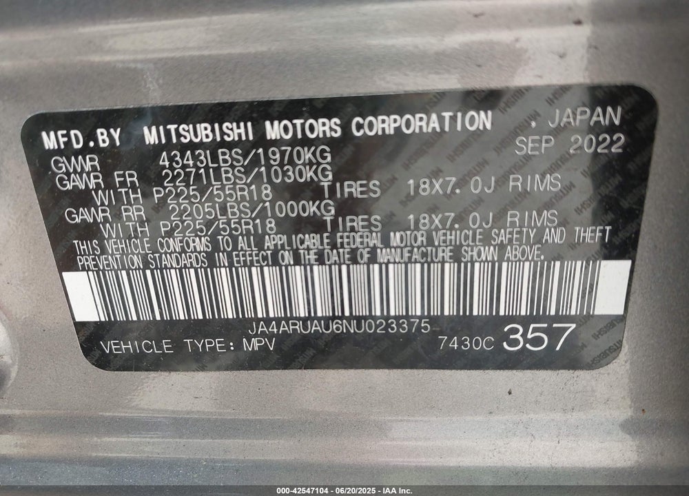 2022 MITSUBISHI OUTLANDER SPORT VIN: JA4ARUAU6NU023375