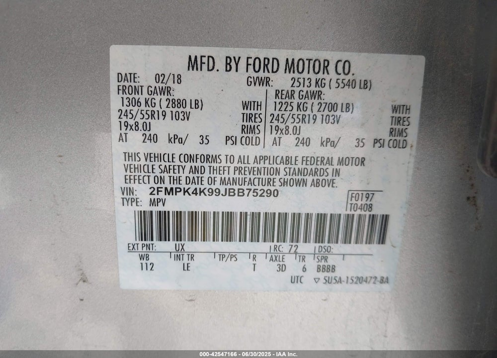 2018 FORD EDGE TITANIUM VIN: 2FMPK4K99JBB75290