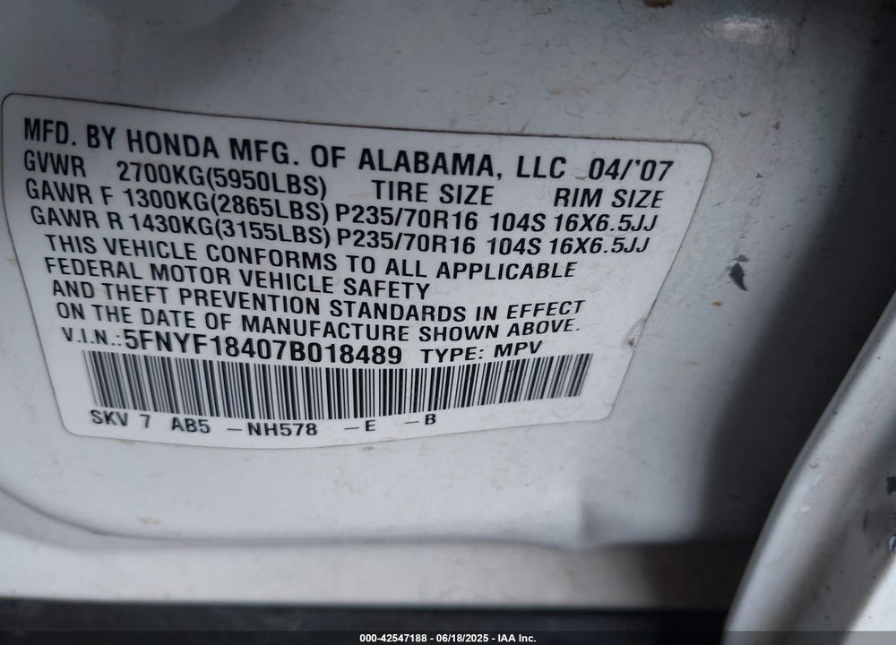 2007 HONDA PILOT EX VIN: 5FNYF18407B018489
