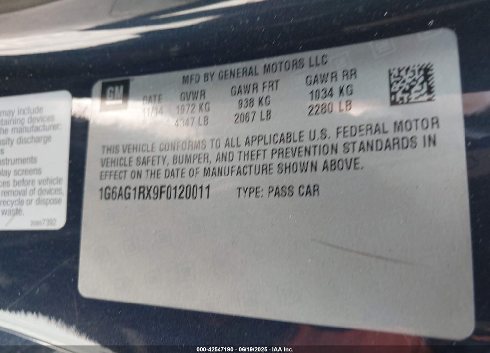 2015 CADILLAC ATS VIN: 1G6AG1RX9F0120011