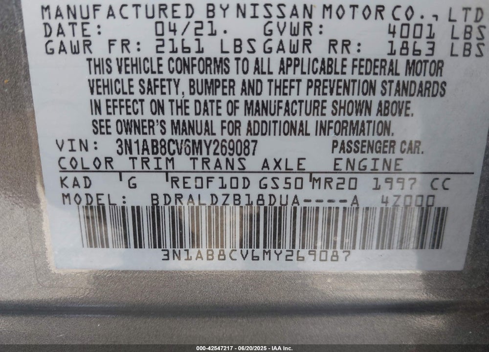 2021 NISSAN SENTRA VIN: 3N1AB8CV6MY269087