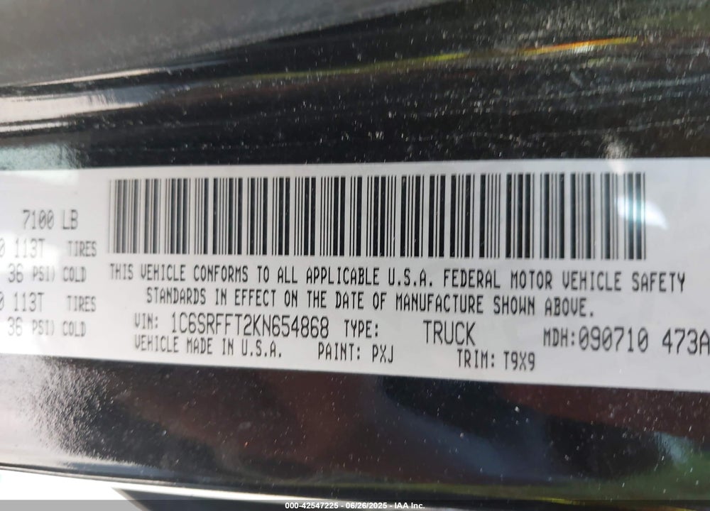 2019 RAM 1500 VIN: 1C6SRFFT2KN654868