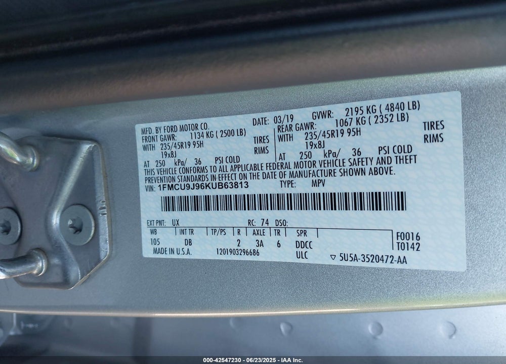 2019 FORD ESCAPE TITANIUM VIN: 1FMCU9J96KUB63813