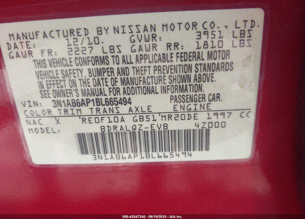 2011 NISSAN SENTRA VIN: 3N1AB6AP1BL665494