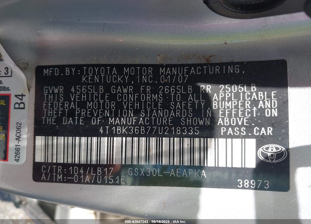 2007 TOYOTA AVALON LIMITED VIN: 4T1BK36B77U218335