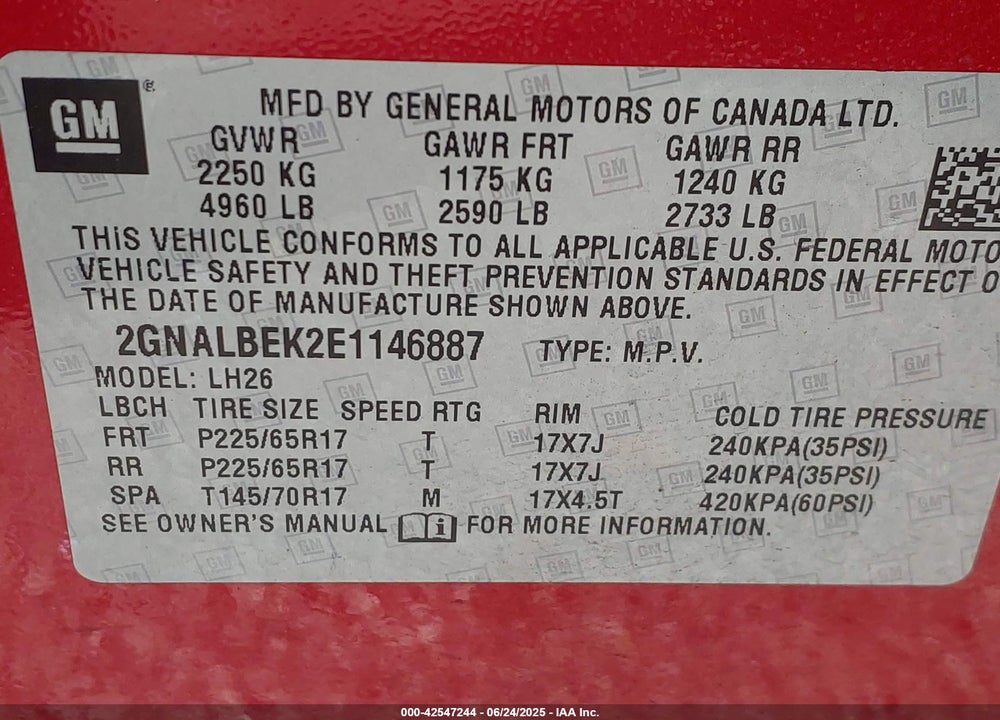 2014 CHEVROLET EQUINOX VIN: 2GNALBEK2E1146887
